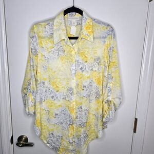 Emaline Yellow and White Notched Collar Button Down Shirt Size Medium